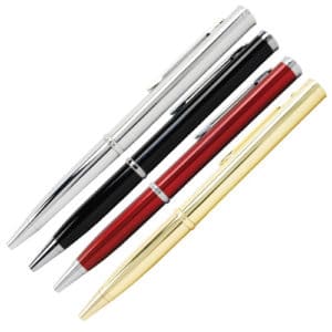 Gold silver black red color pen knives in group view