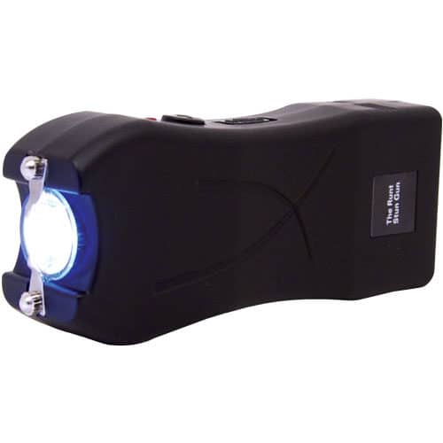 black runt stun gun with flashlight on