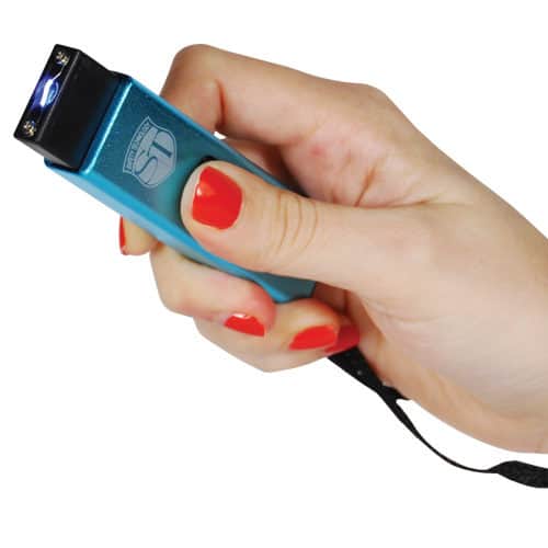 Blue slider stun gun being fired by a lady