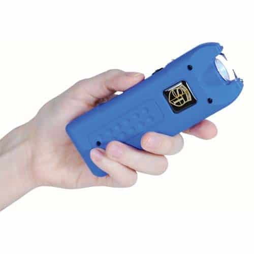 blue multiguard stun gun in womans hand