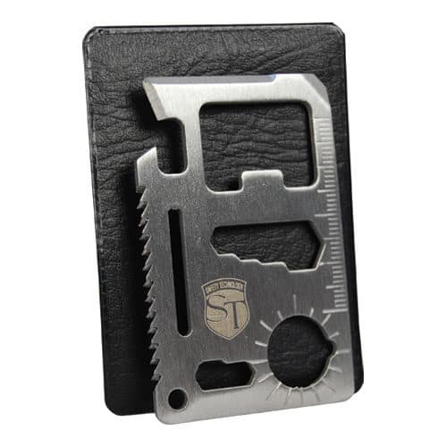 Multi function business card tool leaned against credit card holder