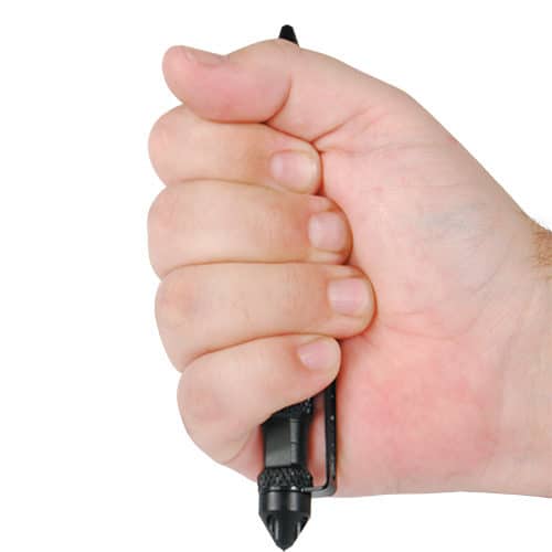 black tactical pen in hand